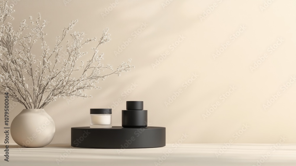Poster 3d rendering of a minimalist background for cream cosmetic products with a sleek black podium