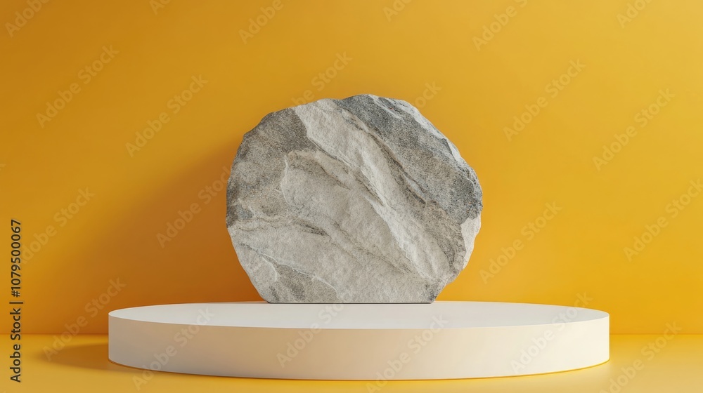 Poster 3D rendering of a white podium featuring a stone on a yellow backdrop Elegant minimalist setting for product showcase Circular white platform with a marble wall in a studio environment