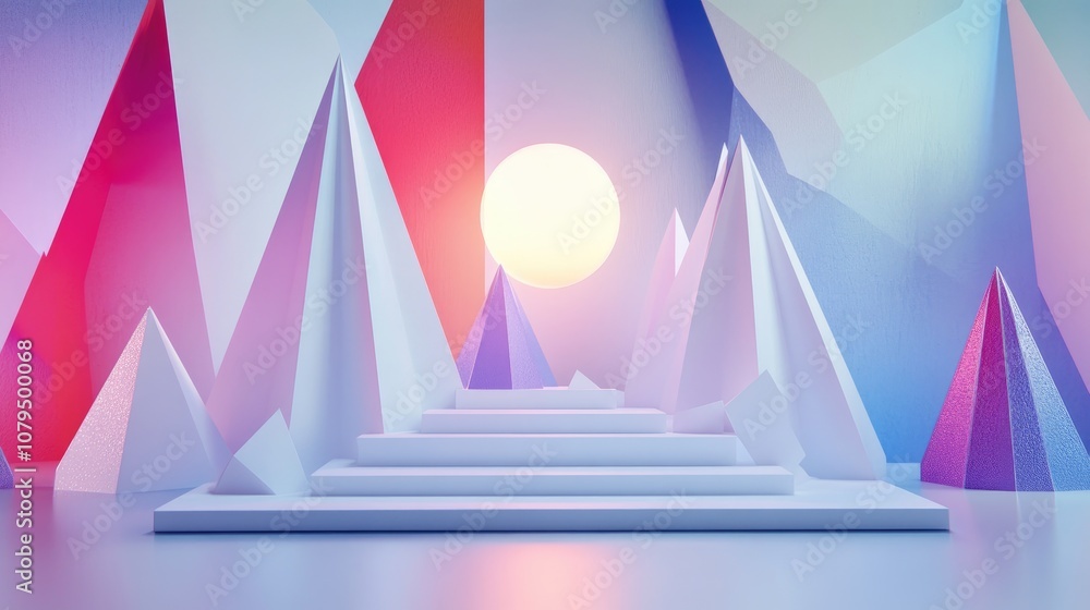 Aufkleber 3d white geometric display with vibrant geometric backdrop 3d visualization