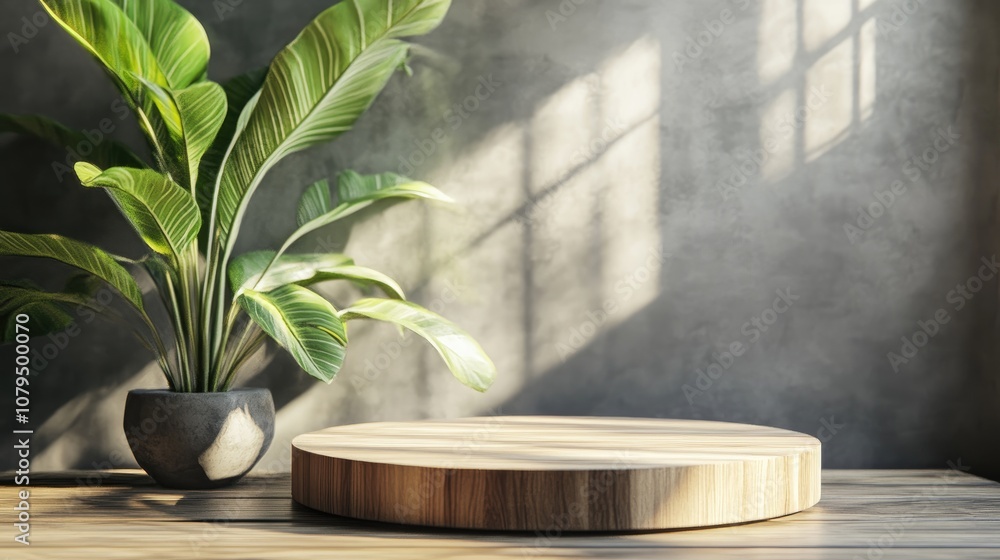 Poster 3d rendering of a wooden podium display featuring a plant in the background