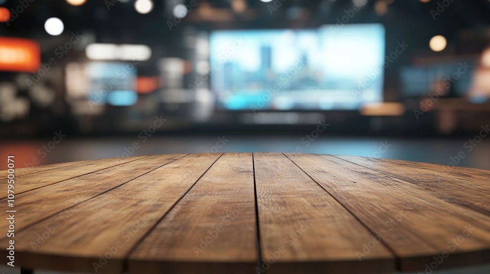 Poster Wooden table and LCD backdrop in a news studio environment 3D rendering