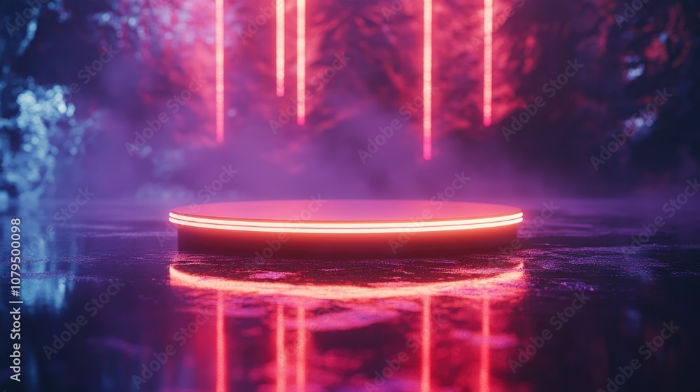 Aufkleber sci fi podium with neon glow for product display 3d rendered image featuring blurred floor reflectio
