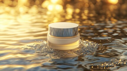 Mockup of a beauty facial cream jar for skin care displayed on a wet gold surface featuring an organic product on a pedestal 3D render