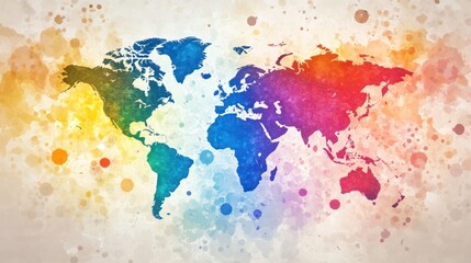 Naklejka premium A colorful world map illustration with splashes of paint, representing diversity and global unity.