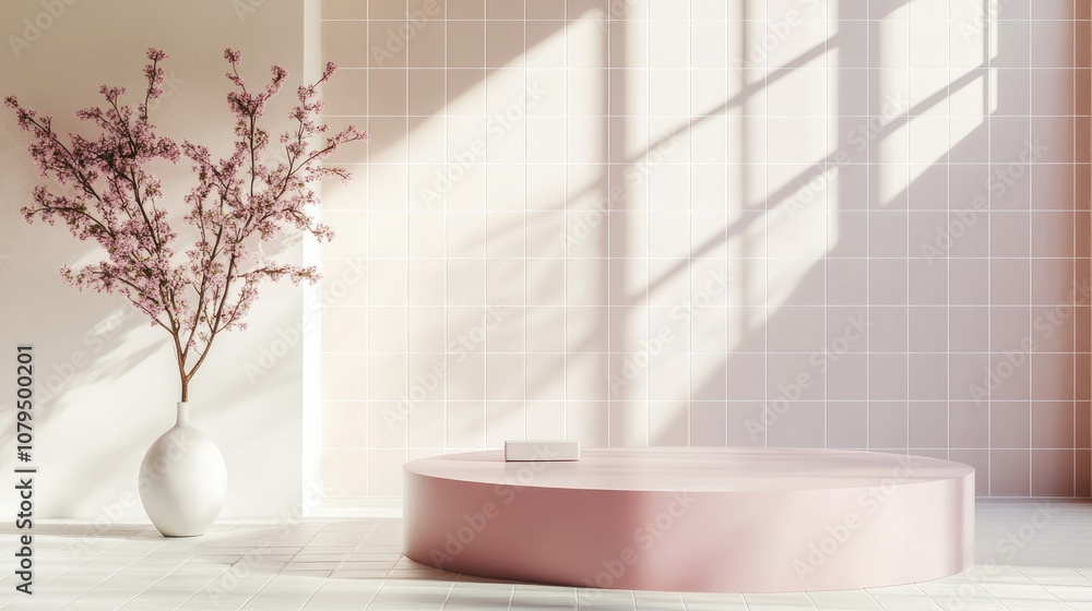 Aufkleber Pastel pink and white tiled interior featuring a round podium for product display Empty space 3D rendering mock up