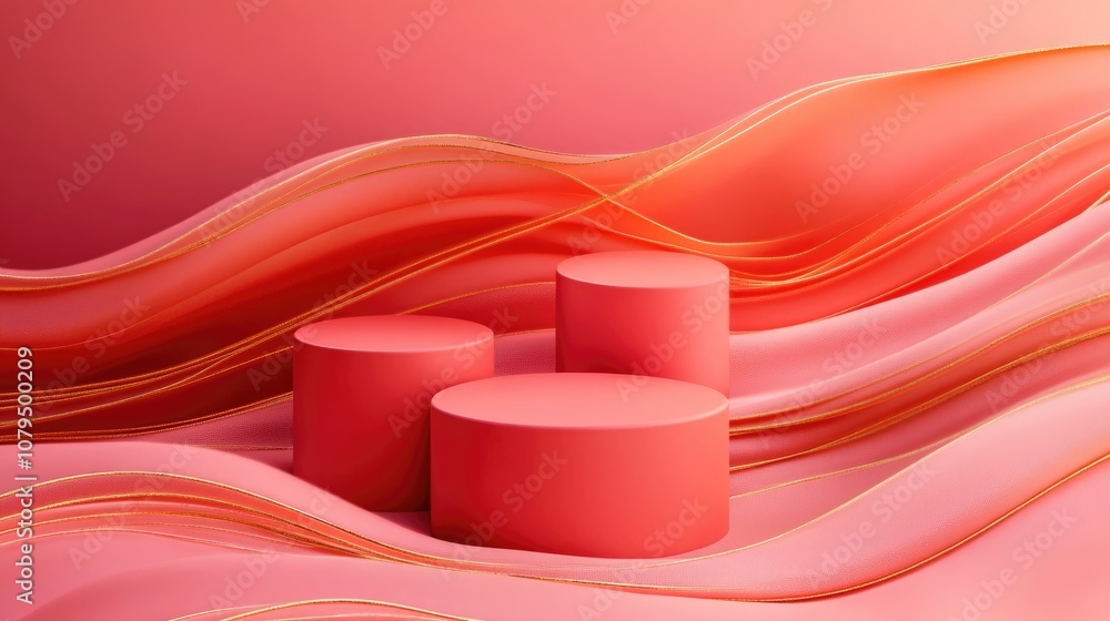 Aufkleber bright neon salmon pink 3d rendering featuring three luxury cylindrical podiums against a wavy texti
