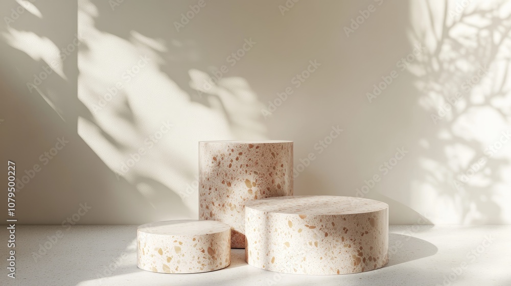 Poster luxury marble cylinder podium with terrazzo and stone set against a white wall background featuring 