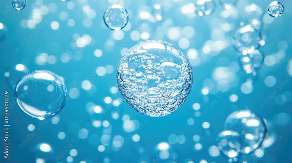 Poster three dimensional bubbles are ascending against a blue backdrop resembling bubbles surfacing in wate