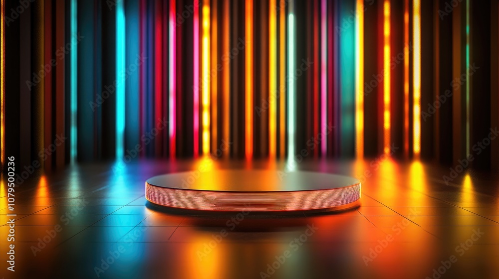 Poster futuristic podium with colored neon glow featuring blurred reflections on the floor ideal for produc