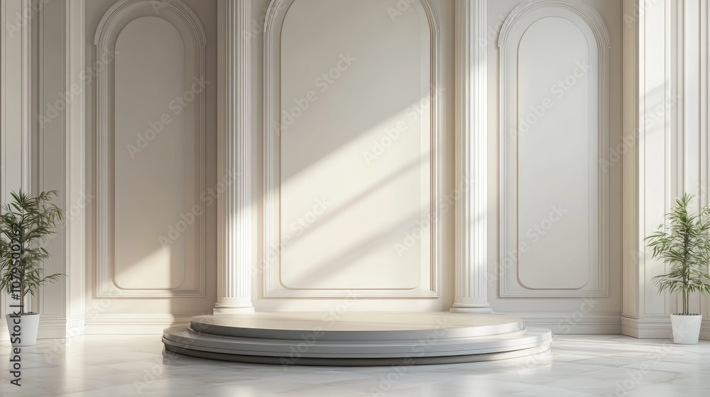 Poster Elegant backdrop featuring a pedestal and display case 3D illustration and rendering