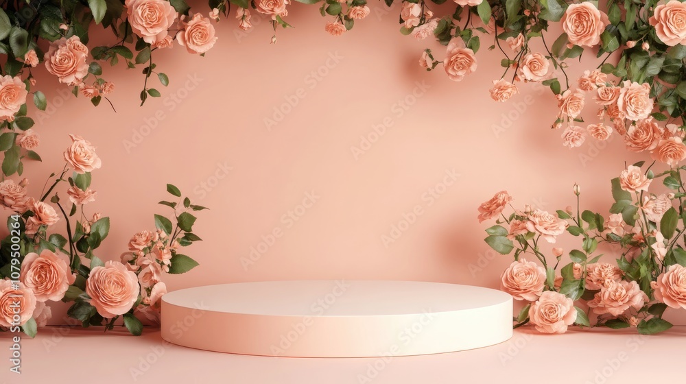 Aufkleber Cylindrical stand on a rose background with a pedestal showcasing an empty shelf concept in 3D illustration