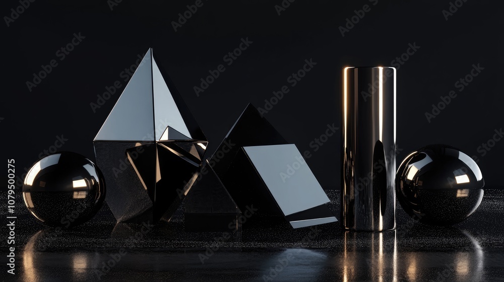 Aufkleber arrange geometric shapes featuring glossy black textures and reflective surfaces against a dark back