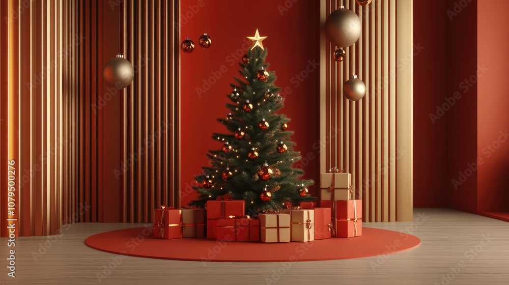 Poster 3d rendering of a christmas tree encircled by gift boxes featuring minimalistic design for holiday d