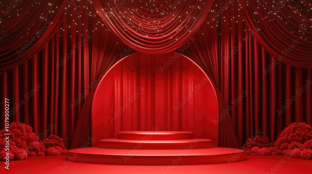 Poster empty 3d podium pedestal for showcasing or presenting on a red backdrop