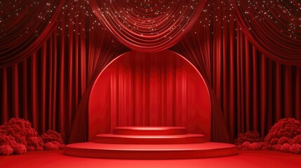 Empty 3D podium pedestal for showcasing or presenting on a red backdrop