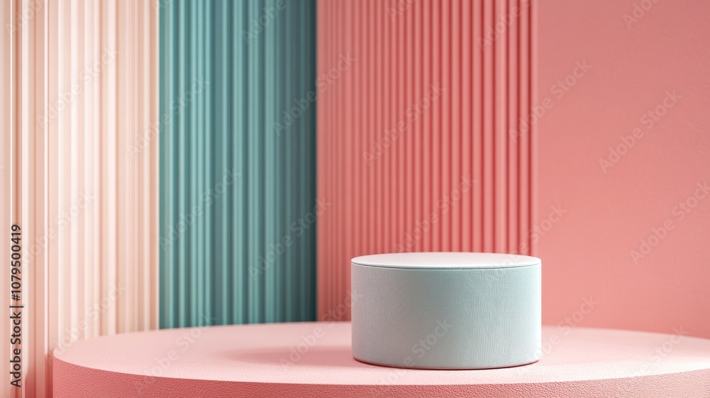 Poster Minimalistic setup featuring a podium and an abstract backdrop Geometric shapes in pastel hues 3D representation of a box Composition showcasing geometric forms with a textured background ideal fo