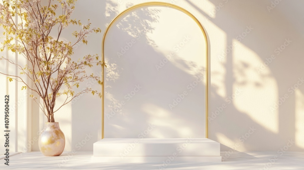 Aufkleber 3D mockup template featuring a white podium in a square configuration accompanied by a vase and a golden arch