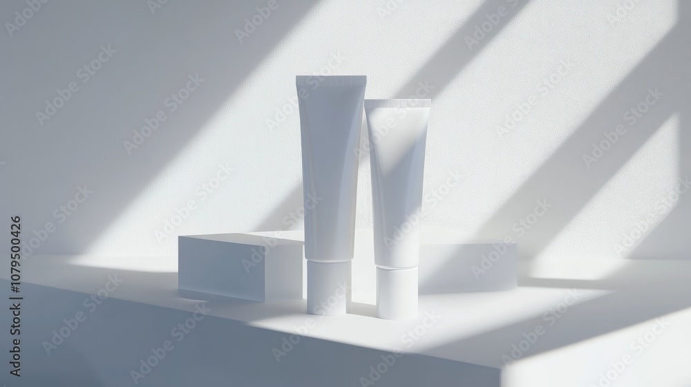 Poster 3d visualization of two white cosmetic cream tubes displayed on a stage against a white backdrop