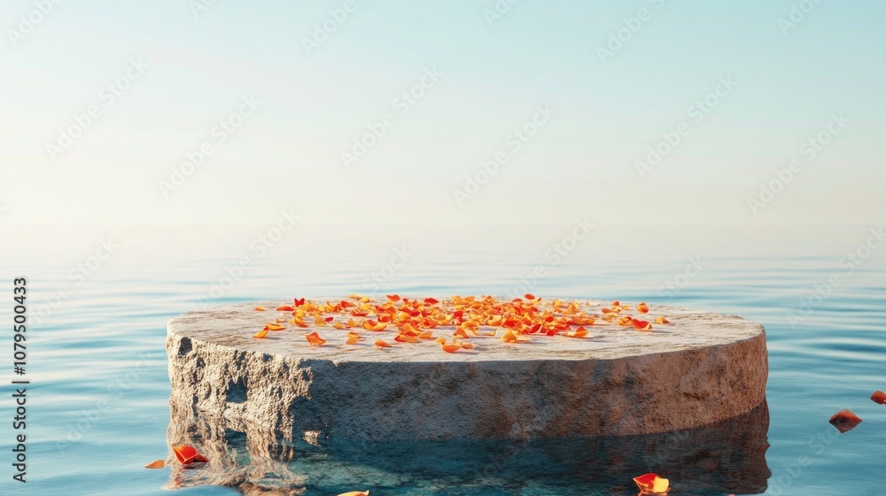 Aufkleber 3d rendering of a stone podium with petals cascading down onto a water surface