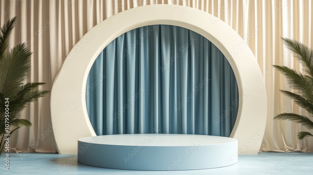 Poster Empty luxury blue cylinder podium with a cream circle arch and curtain backdrop Abstract minimalistic 3D geometric shape for product display Pedestal mockup for design purposes 3D render