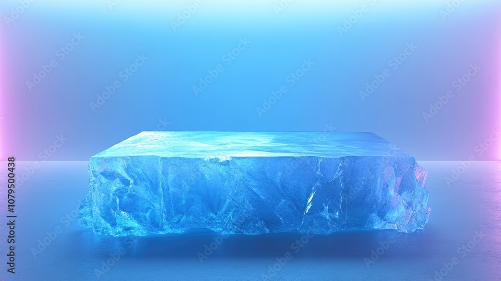 Aufkleber 3D rendering of a rectangular blue ice podium or stand on a light background illuminated with neon light Studio backdrop
