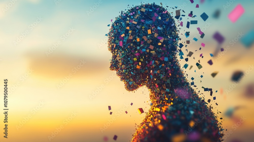 Poster bionic figure with colorful digital fragmentation against a serene backdrop