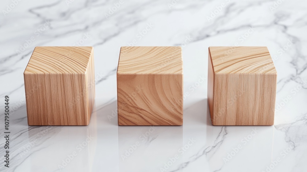 Poster three wooden block stages rendered in 3d on a white marble table surface suitable for product advert