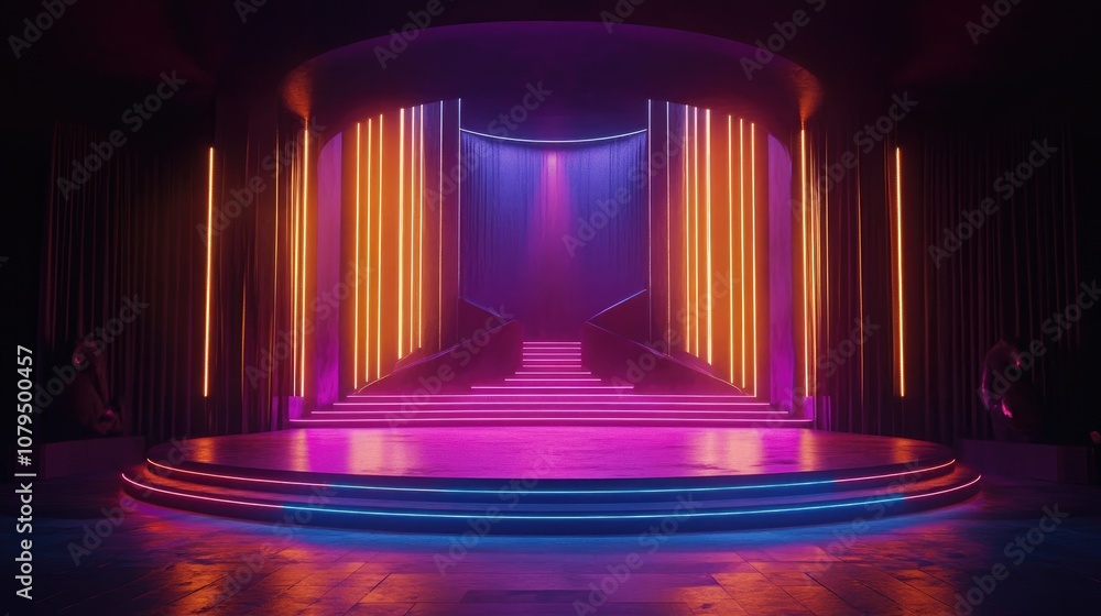 Poster circular stage adorned with neon lights and a staircase against a dark backdrop