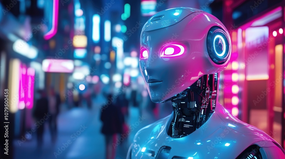 Poster humanoid robot with illuminated face in a vibrant neon cityscape showcasing advanced ai technology w
