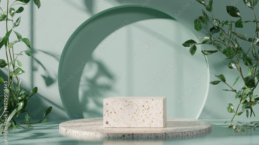 Aufkleber 3D rendering of a circular green backdrop with a transparent background featuring a beige terrazzo podium in a square shape