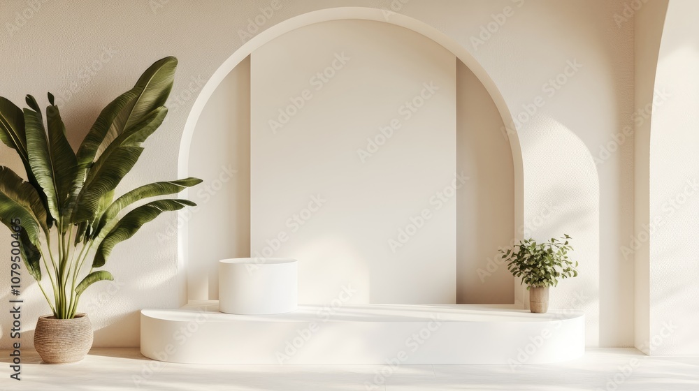 Poster arched interior backdrop with a white mockup podium in 3d rendering