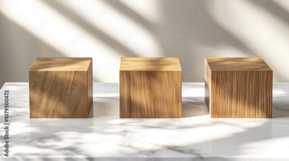 Poster three wooden block stages rendered in 3d on a white marble table surface suitable for product advert