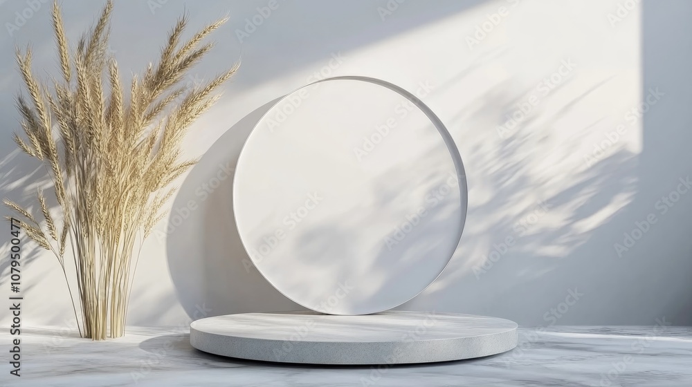Poster Bright flat gray background featuring a square frame circular podium and dried wheat Natural display with minimalistic design 3D rendering