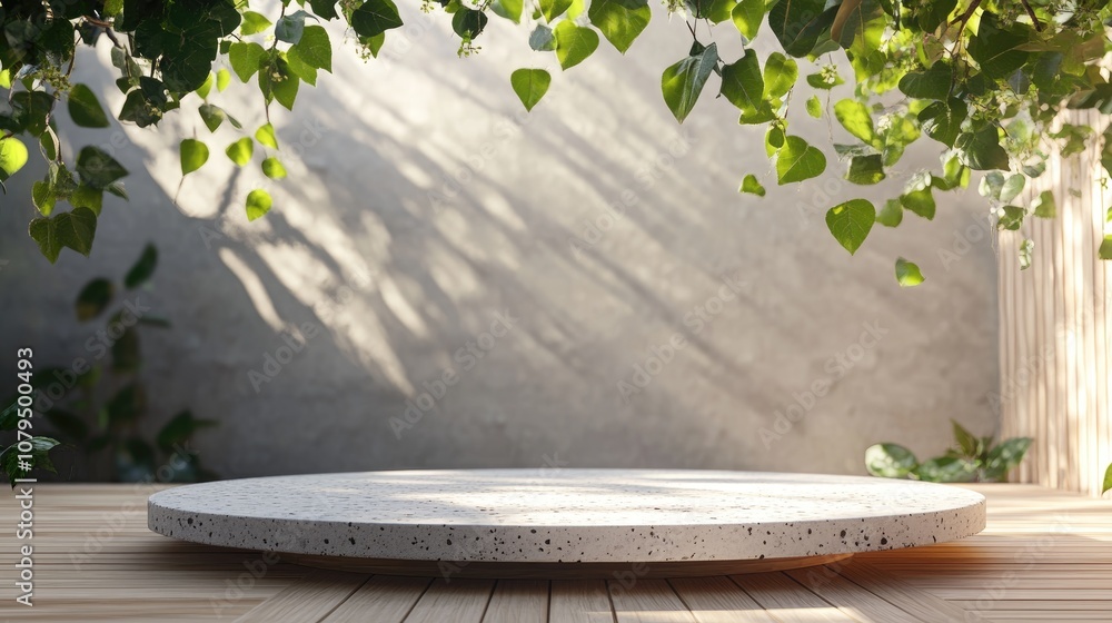 Poster Wooden platform with terrazzo surface featuring shaded trees and ivy against a wooden backdrop Abstract background for product displays 3D rendering