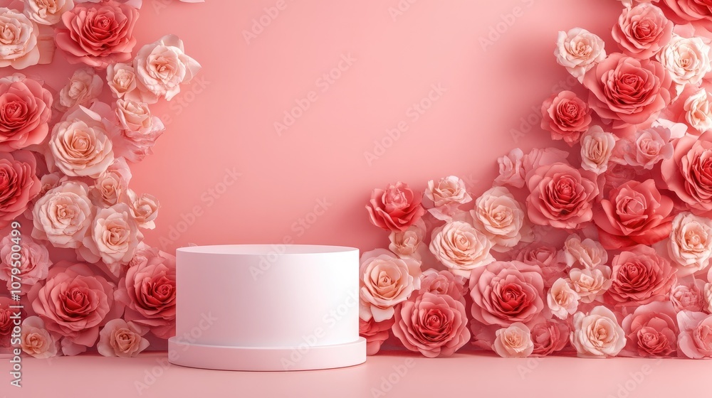 Poster cylindrical stand on a rose background with an empty pedestal showcasing a 3d illustration concept