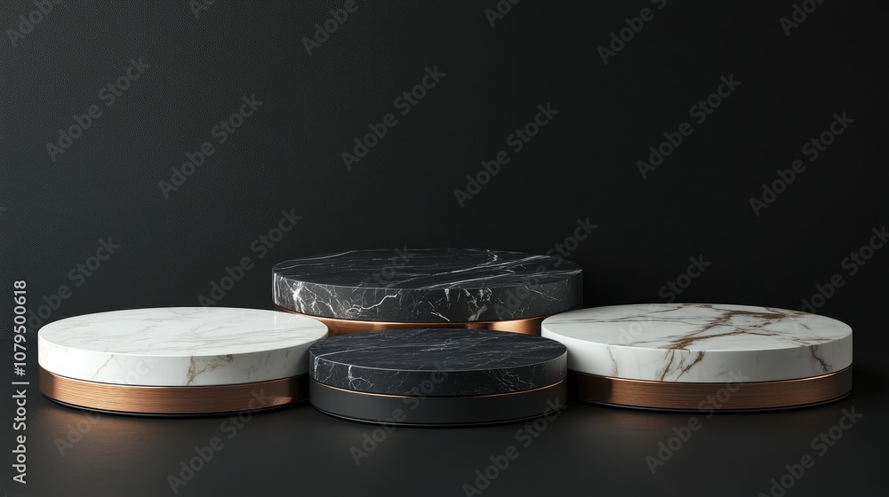 Poster 3d abstract rendering of a marble podium in black white and copper set against a dark background a b
