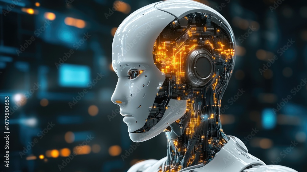 Poster humanoid robot head utilizing artificial intelligence with a neural network set against a digital br