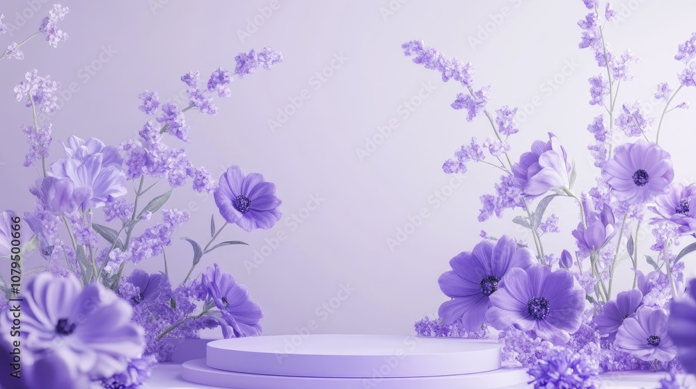 Poster 3d rendering of a purple flower background featuring a geometric podium for product presentation min