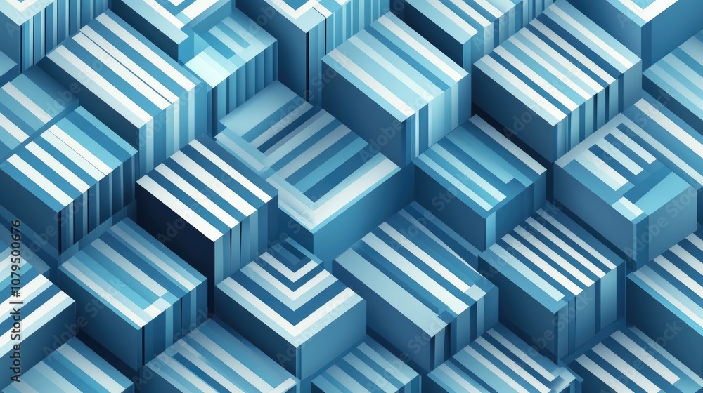Poster 3D illustration featuring rows of blue cubes and stripes creating a parallelogram pattern Technological geometric background with a seamless design of fading lines