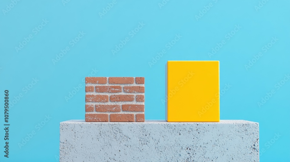 Poster Minimalistic composition featuring a brick block and a yellow steel block against a blue backdrop Geometric form highlighting 3D rendering ideal for product presentation