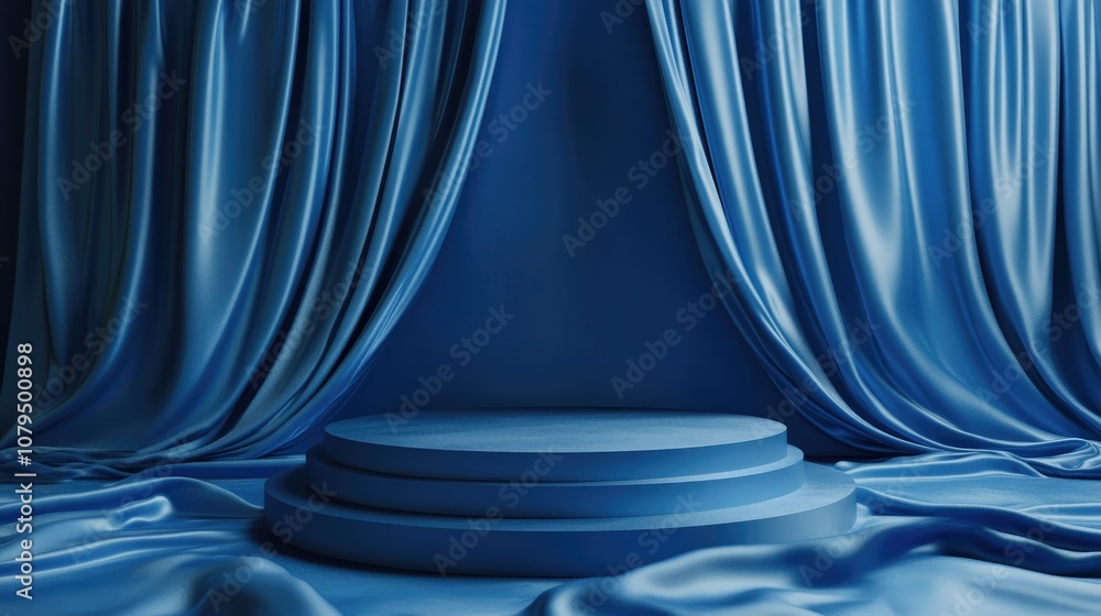 Poster 3d render of blue silk with a podium abstract fashion background featuring a stage platform for prod