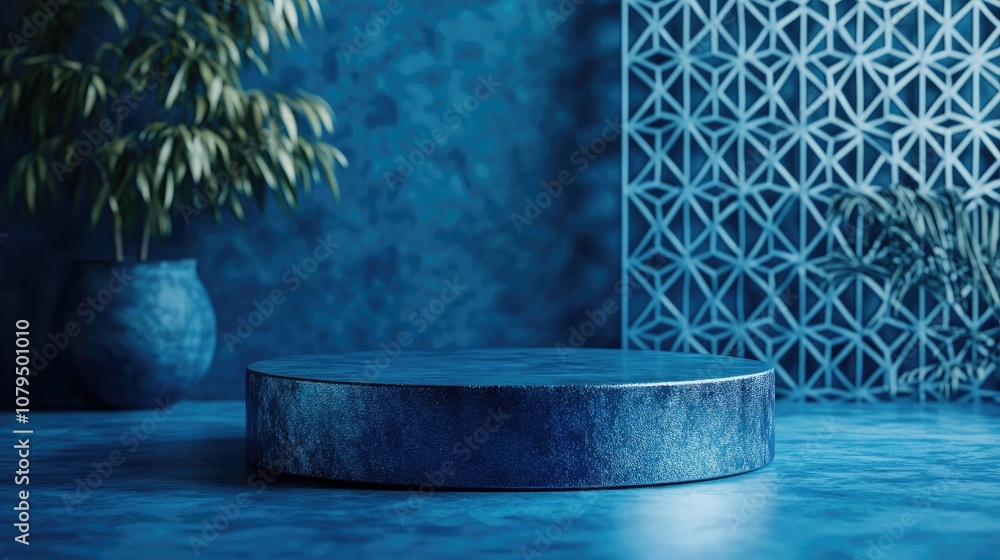 Aufkleber Blue glossy podium on a patterned blue background Empty round stage mockup for product display Abstract geometric backdrop with available space for advertising 3D render