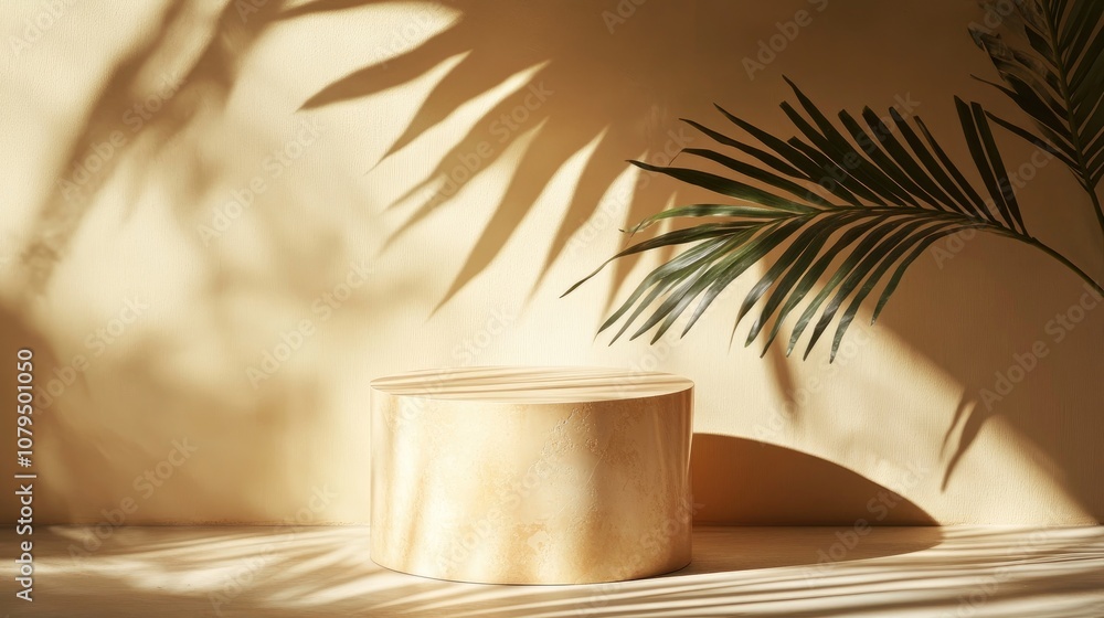 Poster Product showcase pedestal adorned with overlapping palm leaves creating a shadow effect