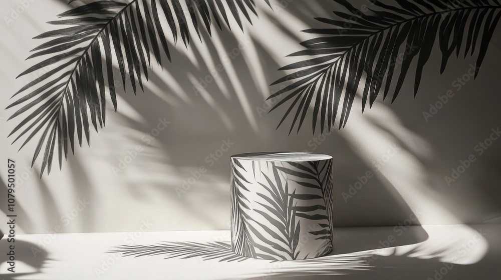 Poster Product showcase pedestal adorned with overlapping palm leaves creating a shadow effect