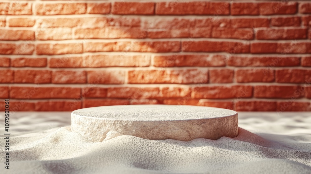 Aufkleber minimalist mockup setting for showcasing products stone pedestal with white sand against a red brick