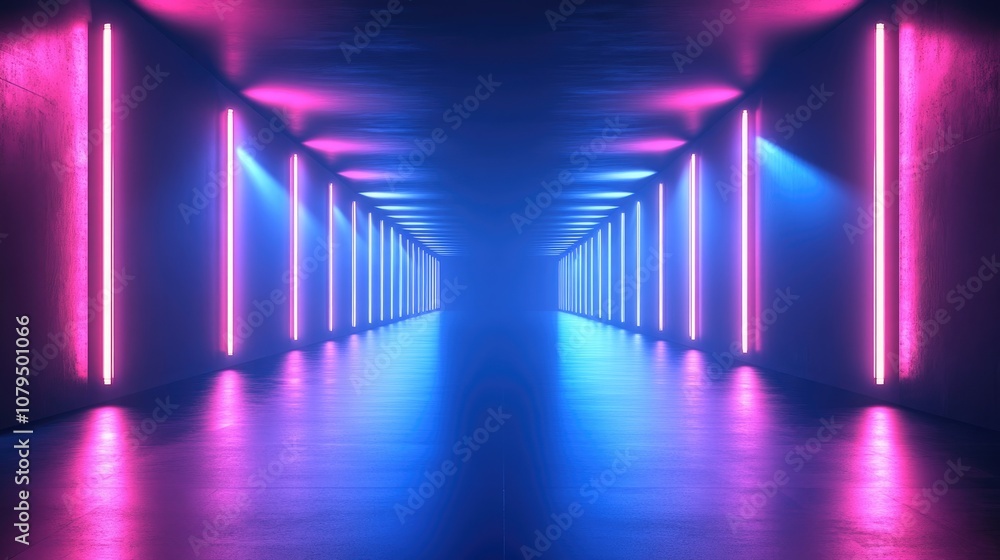 Poster Abstract light tunnel with a blue background featuring a portal illuminated by rays neon lights and spotlights A dark empty scene showcases neon elements Symmetrical reflections and perspective in
