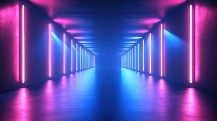 Abstract light tunnel with a blue background featuring a portal illuminated by rays neon lights and...