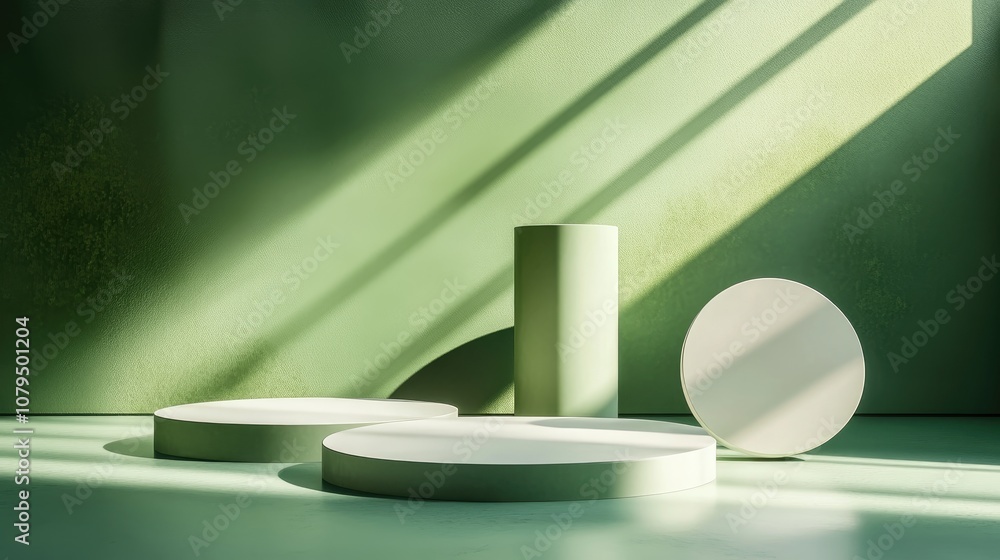 Aufkleber Minimalist abstract scene featuring geometric forms including a cylinder podium set against a green backdrop Ideal for showcasing cosmetic products 3D render