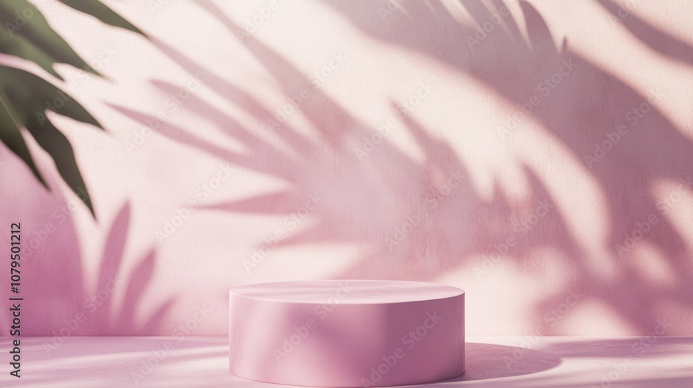 Aufkleber Empty pink cylinder podium mockup Abstract minimalistic design scene featuring leaf shadows Realistic 3D rendered background