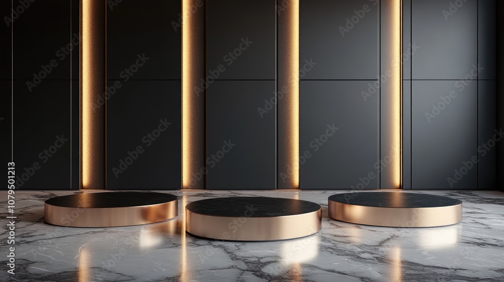 Aufkleber 3D podiums on a reflective surface designed for product displays with studio lighting on a marble floor in a rendered scene